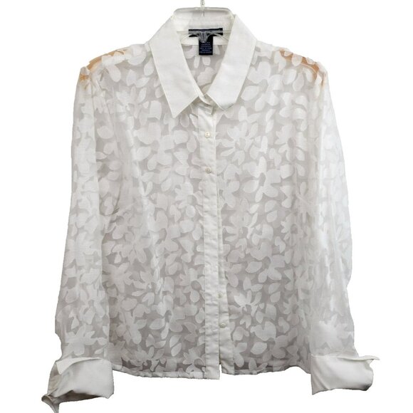 Saint Tropez West Tops - Saint Tropez West Womens Blouse Large White Linen Blend Sheer Floral Coastal